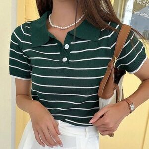 Dazy Green Striped Knit Polo Short Sleeve Top – Size M